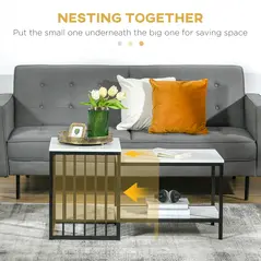 HOMCOM Modern Coffee Table Set of Two, Marble-Effect Nesting Side Tables with Steel Frame for Living Room, White, Black - 3