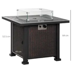 Outsunny Square Propane Gas Fire Pit Table, 50000 BTU Rattan Smokeless Firepit Patio Heater with Glass Screen, Glass Beads and Lid, 81cm x 81cm x 64cm, Black - 2
