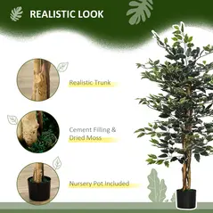 HOMCOM 4.5ft Ficus Artificial Plant with Realistic Leaves, Potted Fake Tree for Home Office Indoor Decor, Green - 4