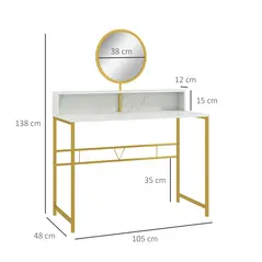 HOMCOM Modern Dressing Table with Round Mirror, Vanity Makeup Desk with Open Storage, Faux Marble Texture and Steel Frame for Bedroom, White - 2
