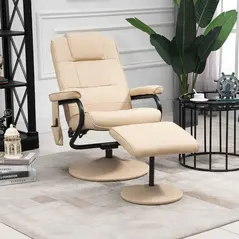 HOMCOM Swivel Recliner Chair and Footstool, Faux Leather Massage Recliner Armchair with Remote Control and Round Wrapped Base, Beige - 1