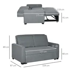 HOMCOM Double Sofa Bed Click Clack Sofa Bed Pull Out Bed with Adjustable Backrest for Living Room and Bedroom Grey - 2
