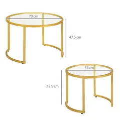 HOMCOM Coffee Table Set of 2, Modern Nest of Tables with Tempered Glass Top, Steel Frame for Living Room, Gold Tone - 2