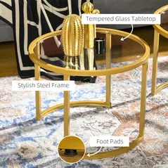 HOMCOM Coffee Table Set of 2, Modern Nest of Tables with Tempered Glass Top, Steel Frame for Living Room, Gold Tone - 4