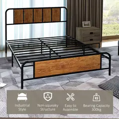HOMCOM 4.8ft Double Bed Frame with Industrial Wood Headboard, Steel Slat Support and 25.5cm Underbed Storage Space, 145 x 197cm, Rustic Brown - 3