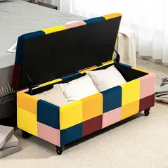 HOMCOM Storage Ottoman, Storage Bench with Wood Legs, Footstool, Footrest with Velvet Surface for Bedroom, Hallway, Living Room, 114 x 47 x 47 cm, Multicoloured - 7