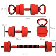 SPORTNOW 20kg 6-In-One Adjustable Weight Dumbbells Set, Barbell, Kettlebell, Push Up Stand - Red - 2