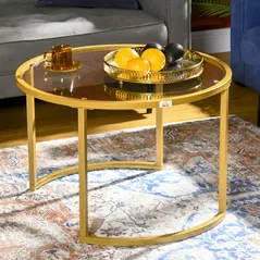 HOMCOM Coffee Table Set of 2, Modern Nest of Tables with Tempered Glass Top, Steel Frame for Living Room, Gold Tone - 6