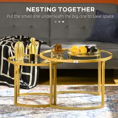 HOMCOM Coffee Table Set of 2, Modern Nest of Tables with Tempered Glass Top, Steel Frame for Living Room, Gold Tone - 3