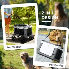 PawHut Foldable Dog Stroller, Pet Travel Crate, with Detachable Carrier, Soft Padding, for Mini, Small Dogs - Grey - 4