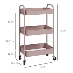 HOMCOM Three-Tier Steel Storage Trolley - Pink - 2