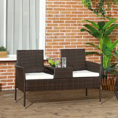 Outsunny Two-Seat Rattan Chair, with Middle Table - Brown - 1