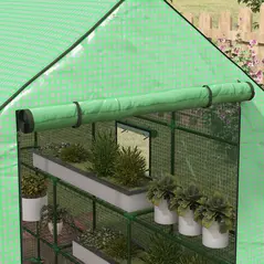 Outsunny Walk-in Greenhouse with 3 Tier 12 Shelves, Small Greenhouse with Reinforced PE Cover, Garden Plant Growhouse with Roll-up Door and Three Mesh Windows, 140 x 213 x 190 cm, Green - 7