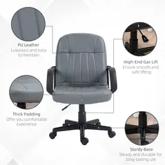 HOMCOM Desk Chair, PU Leather Computer Office Chair with Adjustable Height, Swivel Wheels for Home Work Study, Grey - 5