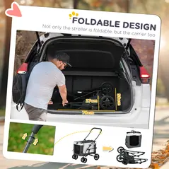 PawHut Foldable Dog Stroller, Pet Travel Crate, with Detachable Carrier, Soft Padding, for Mini, Small Dogs - Grey - 5