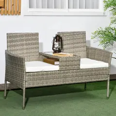 Outsunny Two-Seat Rattan Chair, with Middle Table - Grey - 1