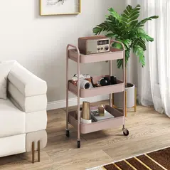 HOMCOM Three-Tier Steel Storage Trolley - Pink - 1