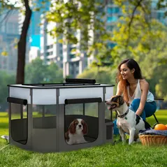 PawHut Foldable Dog Pen with Storage Bag for Indoor/Outdoor Use - Grey - 1