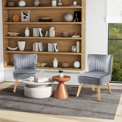 HOMCOM Velvet Accent Chair Occasional Tub Seat Padding Curved Back with Wood Frame Legs Home Furniture Set of 2 Grey - 1