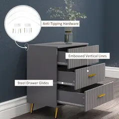 HOMCOM Three Drawer Embossed Line Dresser - Grey/Gold Tone - 5