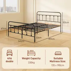 HOMCOM Double Minimalistic Metal Bed Frame - Black - 2