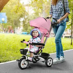 HOMCOM Metal Frame 6 in 1 Baby Push Tricycle with Parent Handle for 1-5 Years Old, Pink - 1