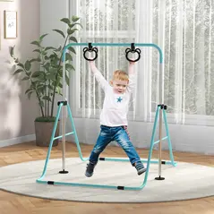 HOMCOM Adjustable Height, Foldable Kids Gymnastics Bar w/ Non-slip Rubber Floor Rings, for 3+ Years, Green - 1