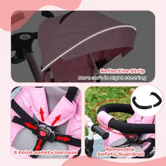 HOMCOM Metal Frame 6 in 1 Baby Push Tricycle with Parent Handle for 1-5 Years Old, Pink - 7