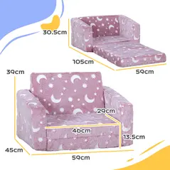 AIYAPLAY 2 in 1 Kids Folding Bed Armchair with Glow in The Dark Cosmic Design, Washable Cushion and Cover, Pink - 2