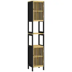 HOMCOM Bamboo-Blend Retro Cut-Out Tall Bathroom Storage Unit - 1