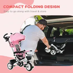 HOMCOM Metal Frame 6 in 1 Baby Push Tricycle with Parent Handle for 1-5 Years Old, Pink - 4