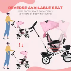 HOMCOM Metal Frame 6 in 1 Baby Push Tricycle with Parent Handle for 1-5 Years Old, Pink - 5