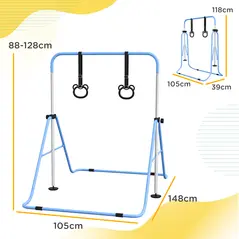 HOMCOM Adjustable Height, Foldable Kids Gymnastics Bar w/ Non-slip Rubber Floor Rings, for 3+ Years, Blue - 2
