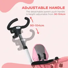 HOMCOM Metal Frame 6 in 1 Baby Push Tricycle with Parent Handle for 1-5 Years Old, Pink - 6