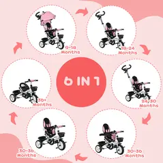 HOMCOM Metal Frame 6 in 1 Baby Push Tricycle with Parent Handle for 1-5 Years Old, Pink - 3
