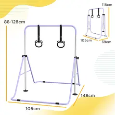 HOMCOM Adjustable Height, Foldable Kids Gymnastics Bar w/ Non-slip Rubber Floor Rings, for 3+ Years, Purple - 2