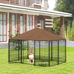 PawHut Outdoor Dog Kennel Puppy Play Pen with Canopy Garden Playpen Fence Crate Enclosure Cage Rotating Bowl 211 x 141 x 151 cm - 1