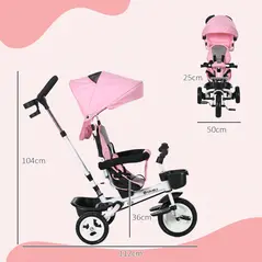 HOMCOM Metal Frame 6 in 1 Baby Push Tricycle with Parent Handle for 1-5 Years Old, Pink - 2