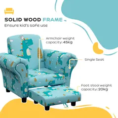 AIYAPLAY 2 Piece Kids Sofa Set with Dinosaur Design, Wooden Frame, for 1.5-3 Years Old, Blue - 4