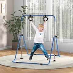 HOMCOM Adjustable Height, Foldable Kids Gymnastics Bar w/ Non-slip Rubber Floor Rings, for 3+ Years, Blue - 1