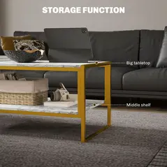 HOMCOM Coffee Table, Two-Tier Faux Marble Effect Centre Table with Metal Frame and Storage Shelf for Living Room, 106 x 50 x 45cm, White - 3