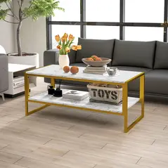 HOMCOM Coffee Table, Two-Tier Faux Marble Effect Centre Table with Metal Frame and Storage Shelf for Living Room, 106 x 50 x 45cm, White - 1