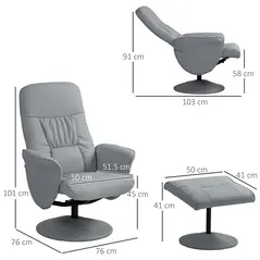 HOMCOM Swivel Recliner Chair with Footstool, PU Leather Armchair and Ottoman with High Back and Round Base for Living Room, Light Grey - 2