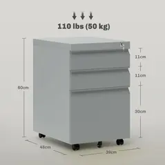 Vinsetto 3 Drawer Filling Cabinet, Mobile Metal File Cabinet with Anti-tilt Design for Letter, A4, Legal Size, Grey - 2