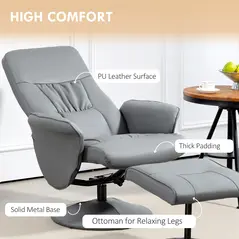 HOMCOM Swivel Recliner Chair with Footstool, PU Leather Armchair and Ottoman with High Back and Round Base for Living Room, Light Grey - 5