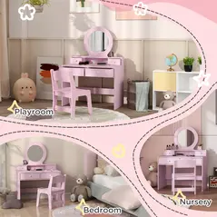 AIYAPLAY Kids Dressing Table Set Kids Make up Table with Stool and Mirror, Storage Drawers, Gift for Aged 3-8 - 6