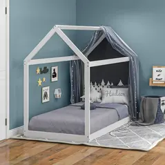 HOMCOM Single Bed Frame, House Scandinavian Style Wooden Bed Frame for 90W x 190Dcm Mattress, Pine Wood Bed Base, White - 1