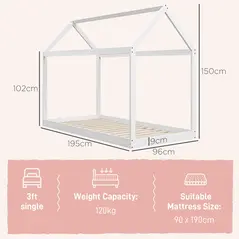 HOMCOM Single Bed Frame, House Scandinavian Style Wooden Bed Frame for 90W x 190Dcm Mattress, Pine Wood Bed Base, White - 2