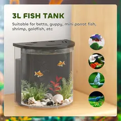 PawHut 3L Small Fish Tank with Filter System, LED Light, Small Fish Tank for Betta, Shrimp, Black - 4