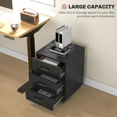 HOMCOM 3 Drawer File Cabinet, Mobile Filing Cabinet on Wheels for Home Office, Study, Black - 3